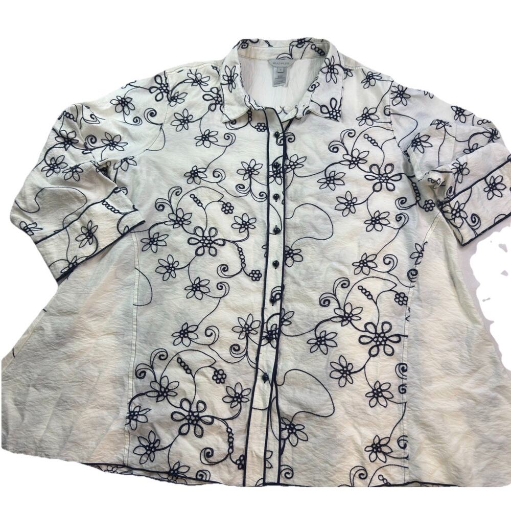 Floral Embroidered white Button-up blouse western boho whimsical size 1X women